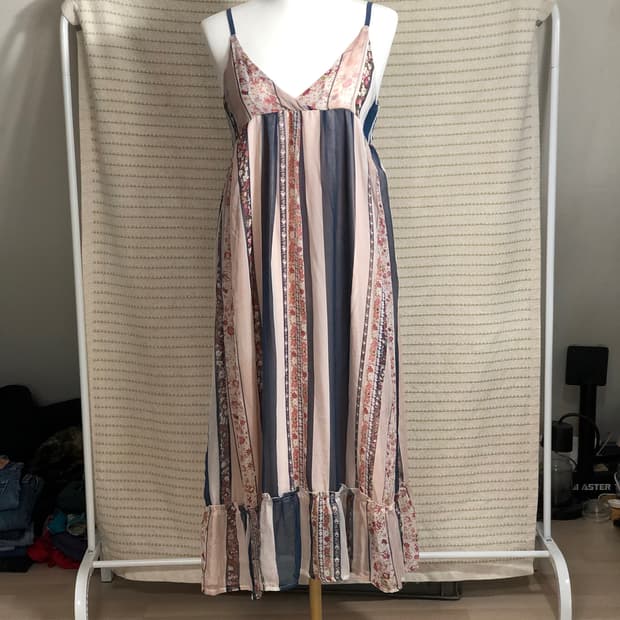 빈티지 블루 핑크 플라워 패턴 쉬폰 모리걸 원피스