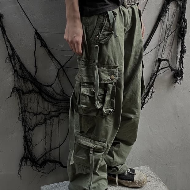 *rare* 00s 그런지 멀티포켓 기믹 로프 디테일 와이드 카고팬츠