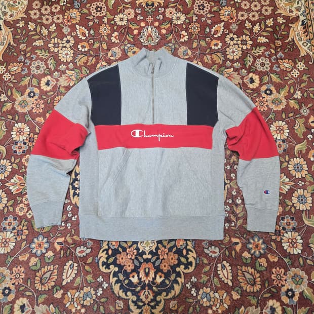 [L] 챔피온 리버스위브 배색 하프집업 스웨셔츠