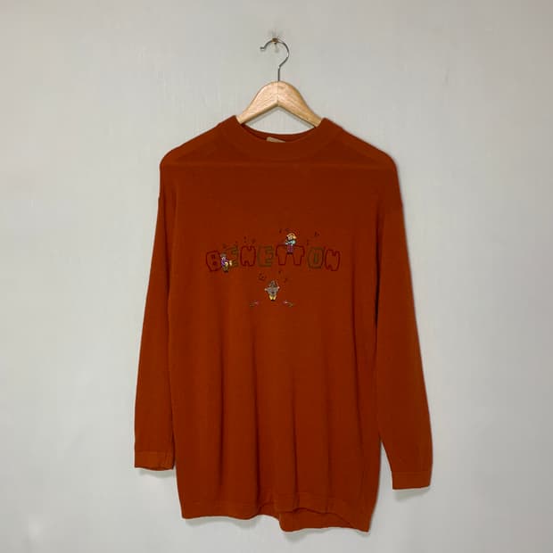 베네통 이태리 빈티지 자수 니트 오렌지 램스울 100