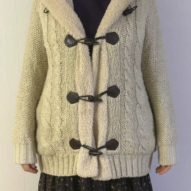 모리걸 일본 빈티지 아이보리 니트 후드 더플 가디건