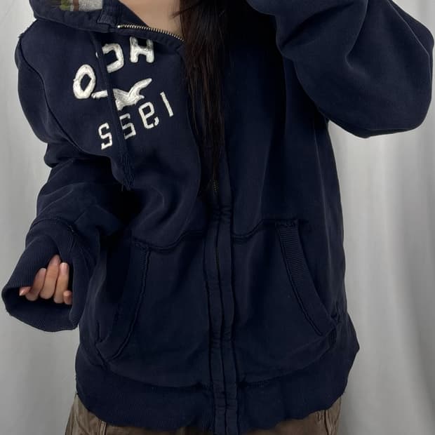 홀리스터 체크 패턴 안감 네이비 후드집업