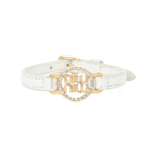 미우미우 크리스탈 로고 마드라스 팔찌 화이트 가죽팔찌 5IB398