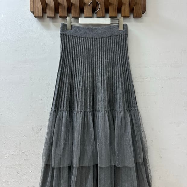 일본빈티지 그레이 리브드 도트 튤 레이어드 스커트