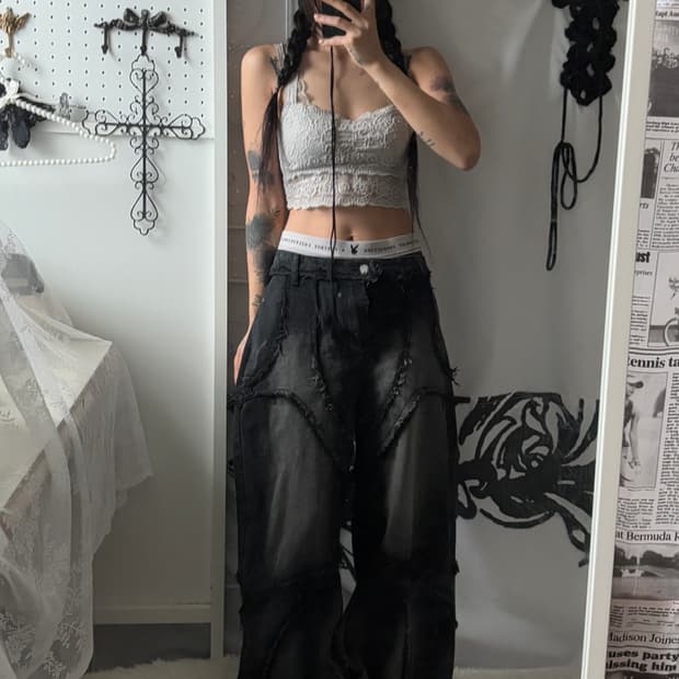 • dark blue denim wide pants