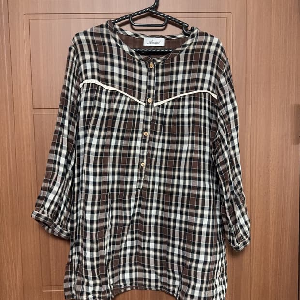 빈티지 모리걸 브라운 체크 레이스 셔츠