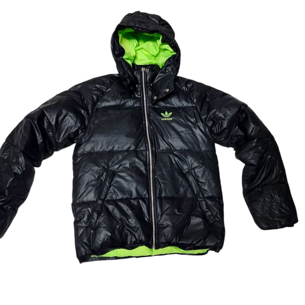 [아디다스] Y2K 감성 유광 블랙 네온 라임 배색 덕다운 패딩 90