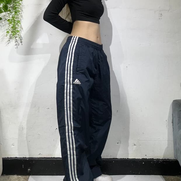 아디다스 네이비 그레이 삼선 와이드 트랙 팬츠 L