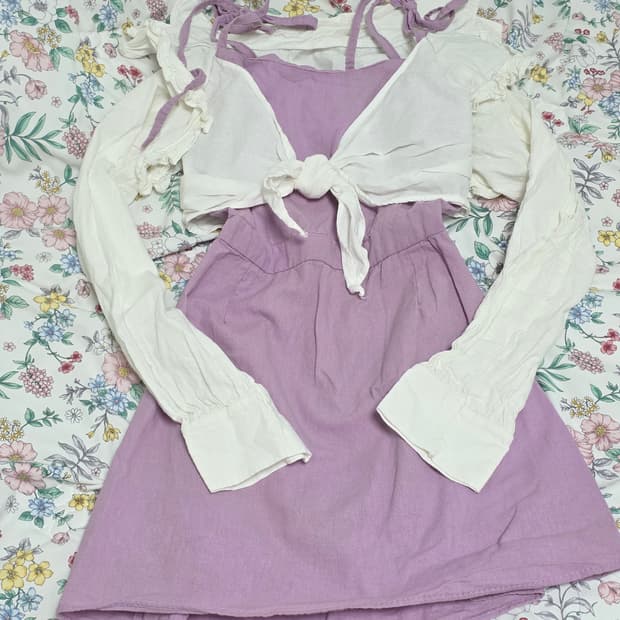 빈티지)레이어드 퍼플 볼레로 빅리본 히메갸루 모리걸 여름휴양지원피스