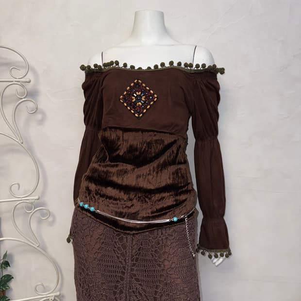 Dark brown ethnic velvet off shoulder bl
