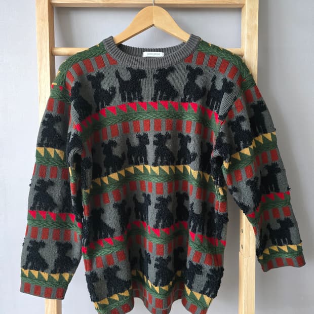 빈티지 도그 패턴 울혼방 니트