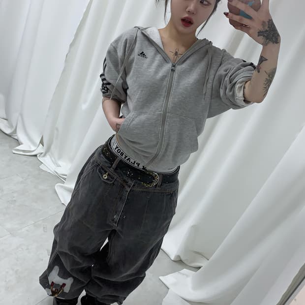 아디다스 그레이 삼선 후드집업