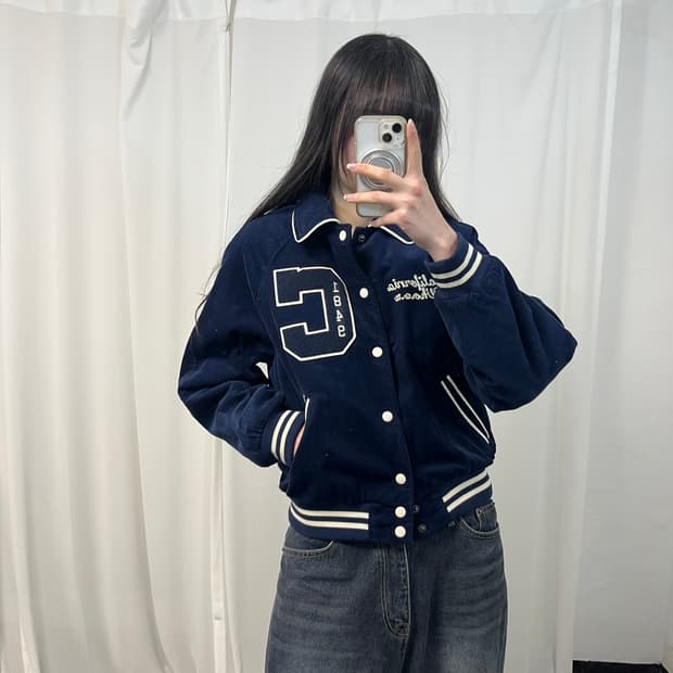 WHO A U Navy Corduroy Varsity Jacket