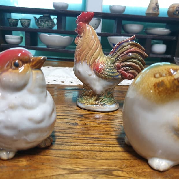엔틱 꼬꼬닭1개 종달새3점 도자기 작품