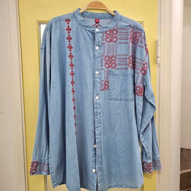 India 헨리넥 자수 데님셔츠