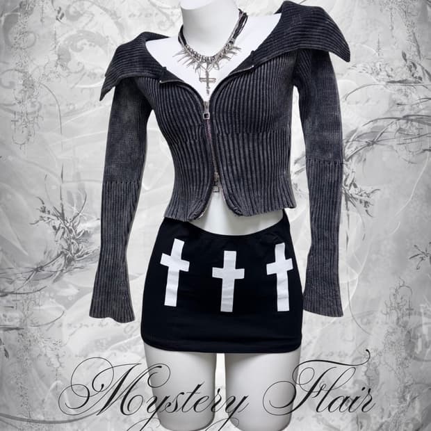 스트릿 고스펑크 투웨이 딱붙 데님 워싱 탑