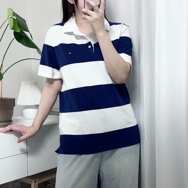타미 화이트 네이비 단가라 반팔카라티 [ L ]