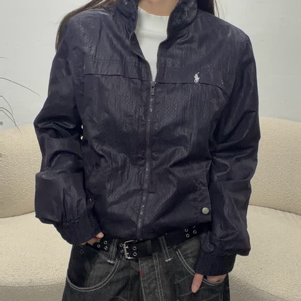 90s 올드스쿨 POLO 딥퍼플 체크 나일론 터틀넥 집업