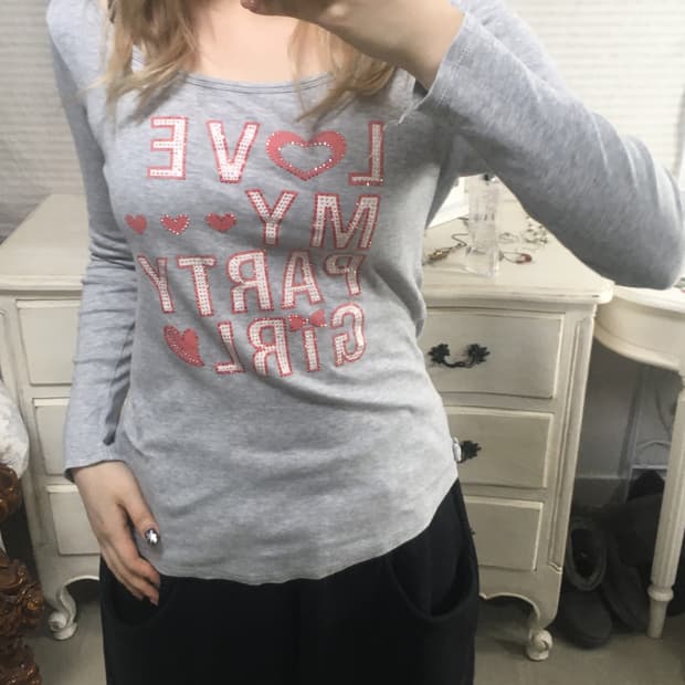 일본빈티지 멜란지 그레이 하이틴 큐빅 리본 티셔츠