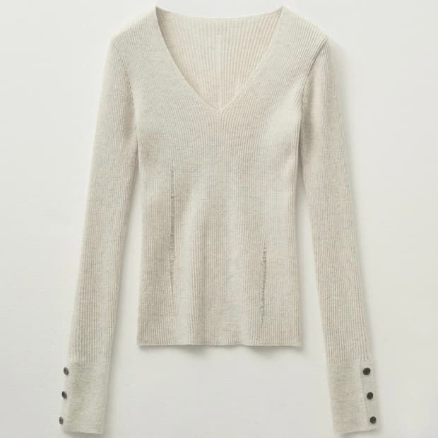 헬레네파리스 데미지드 브이넥 리브드 니트 오트밀