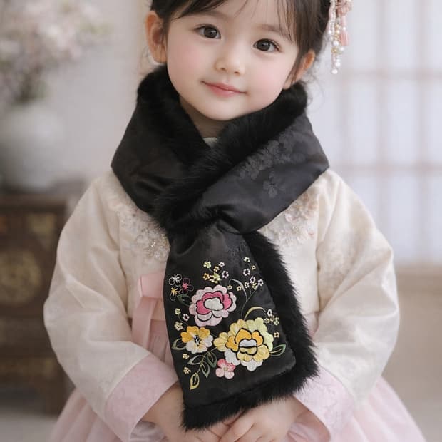 꽃자수 큐빅 포인트 한복 여아 방한 털목도리 여아 성인 착용 가능