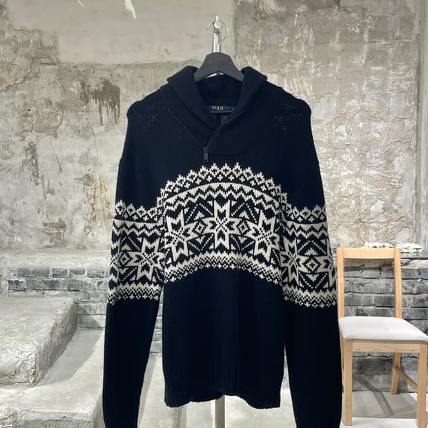 폴로 랄프로렌 블랙 노르딕 쿼터 집 숄 카라 스웨터