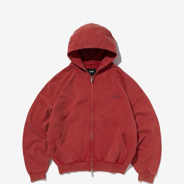 스웨이드 크롭 워시드 후드집업 레드