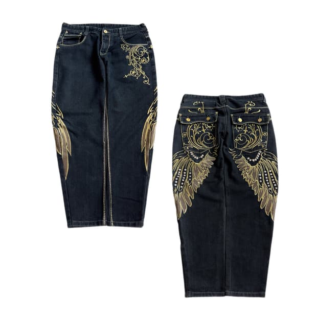 Y2K 윙 날개 자수 새깅 배기 빈티지 데님팬츠
