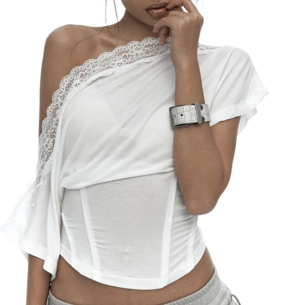 Lace One Shoulder Corset Tee White