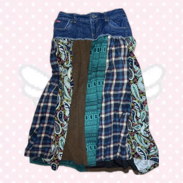 모리걸 하구미 패치스커트 패치워크 데님 플란넬 롱스커트