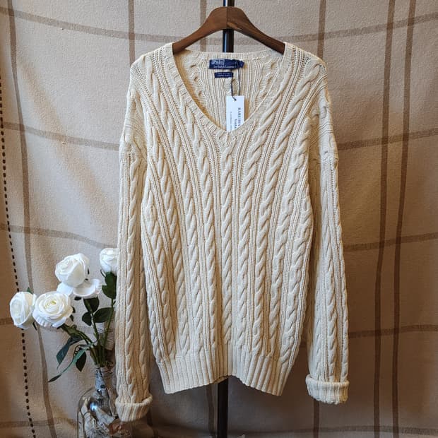 90s 폴로 랄프로렌 브이넥 코튼 케이블 핸드니트 L