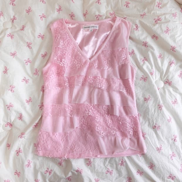핑크 레이스 쉬폰 민소매 나시 일브 히메 갸루 로걀 양산형 y2k 빈티지