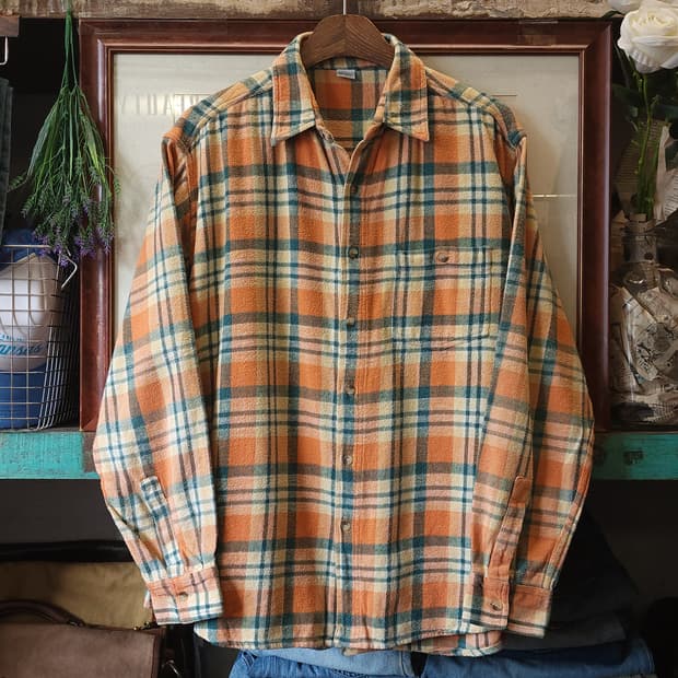90s 아메리칸 빈티지 체크셔츠 헤비 플란넬 워크셔츠 오렌지 헤어리 L