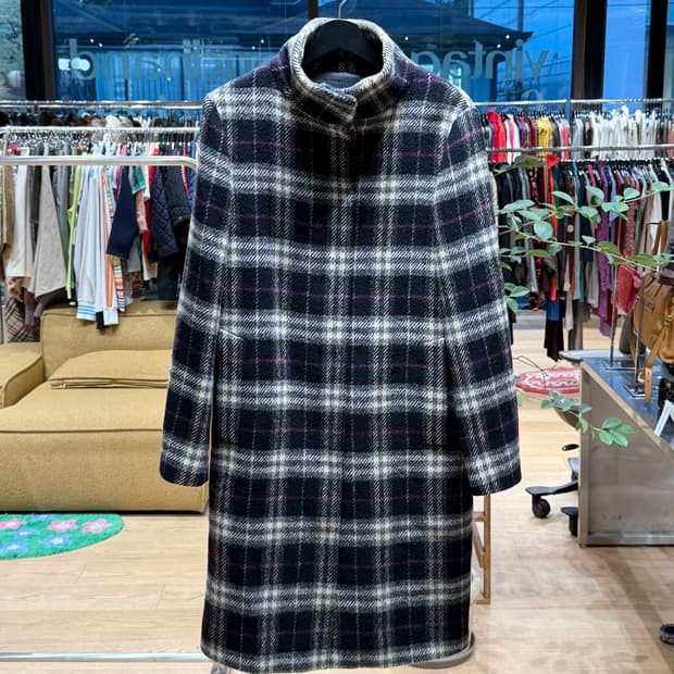버버리 네이비 그레이 체크 히든버튼 코트 