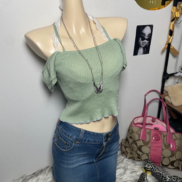 민트 그린 글리터 홀터 오프숄더 탑
