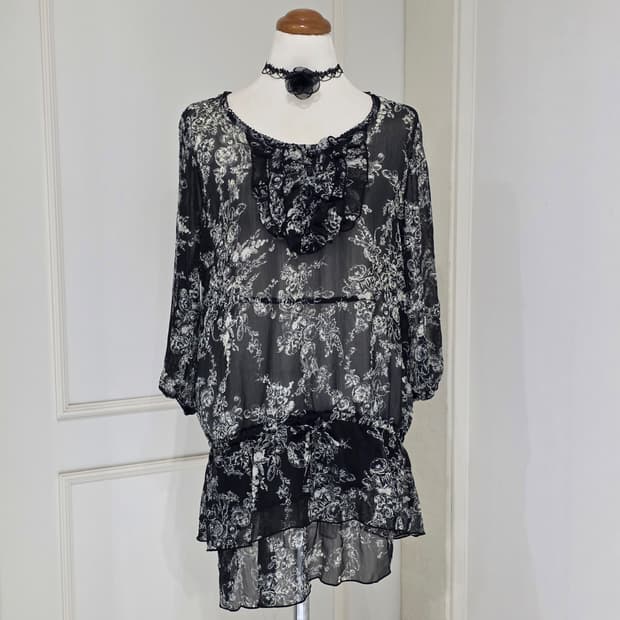 로사체리)일본빈티지 블랙모리걸 플라워 레이스 캉캉 시스루 레이어드원피스