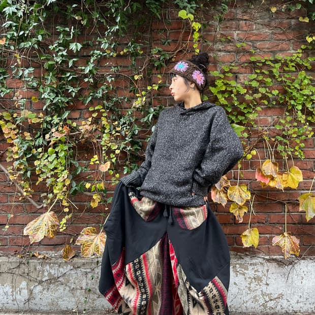 블랙 히피 패턴 포인트 벌룬 스커트