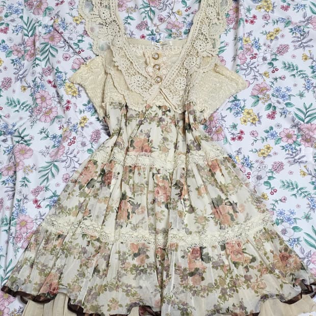 엑시즈팜 고전 일본빈티지)페어리계 모리걸 캉캉 패치워크st 플로럴 원피스