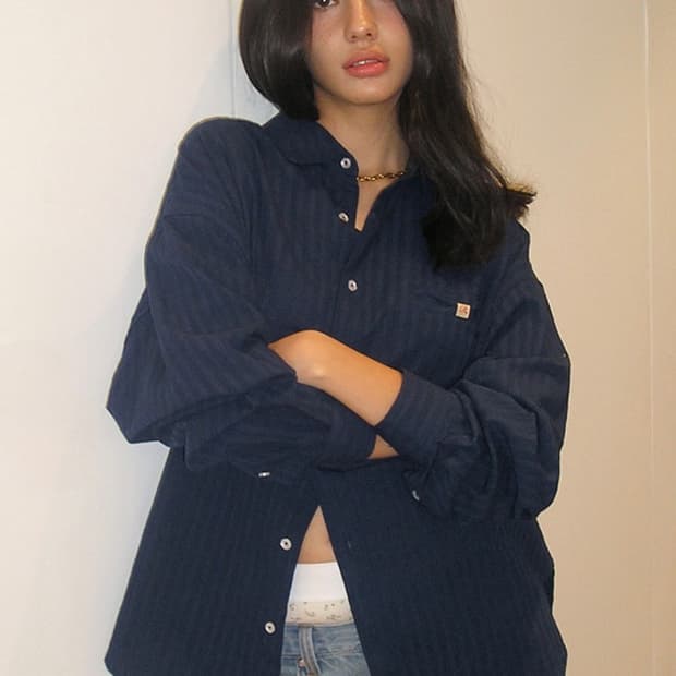 비터셀즈 Ribbonette Overfit Shirt-Navy