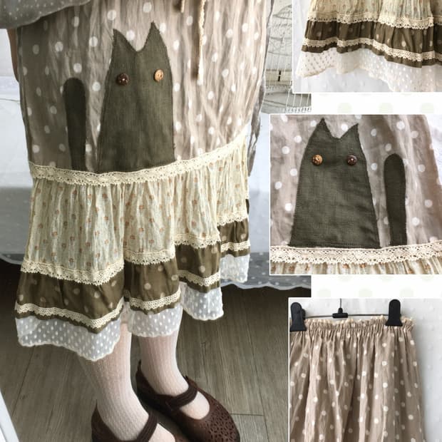 [HANDMADE] 핸드메이드 고양이 패치 미디스커트 빈티지 모리걸