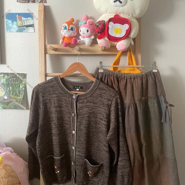 모리걸 빈티지 곰돌이 브라운 가디건 스커트 set🐻🤎