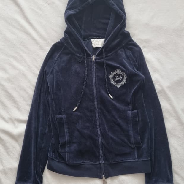빈티지 y2k 00s rady 갸루 네이비 벨벳 후드 집업