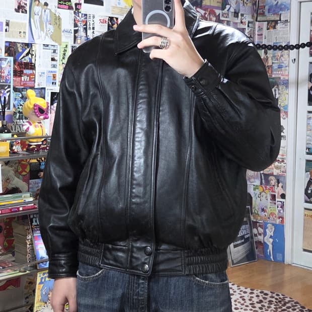 빈티지 양가죽 패디드 누빔 블랙 봄버 자켓