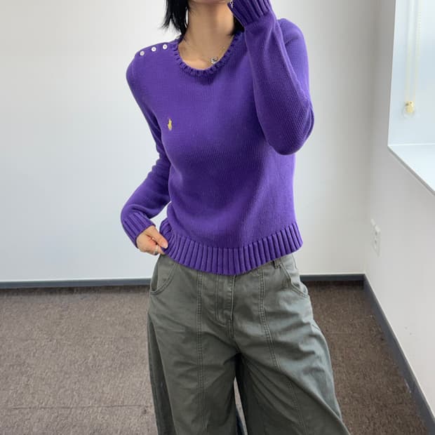Polo 폴로 옐로우 포니 퍼플 숄더 버튼업 니트