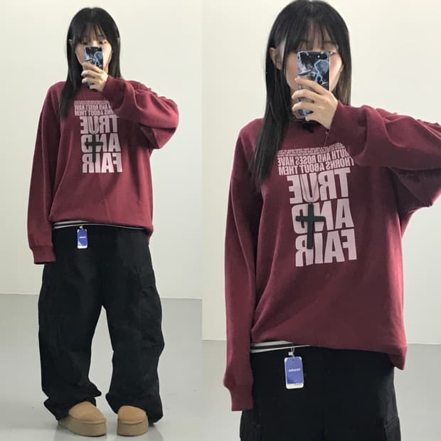 JPN 힐 크롭 버건디 맨투맨