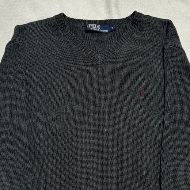 S 폴로랄프로렌 버건디 포니 챠콜 코튼 브이넥 니트