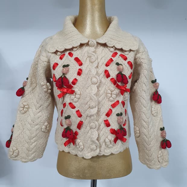 모리걸 페어리 지뢰계 히메갸루 딸기 리본 모티프 울 가디건