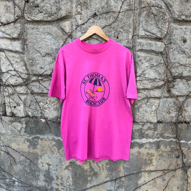 90s 헤인즈 빈티지 비치클럽 프린팅 싱글스티치 반팔 티셔츠 xl