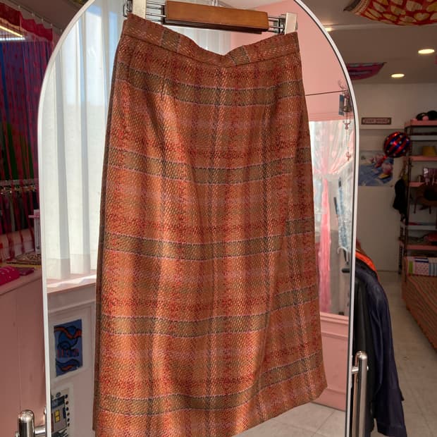 빈티지 브라운 울 체크 미디 스커트