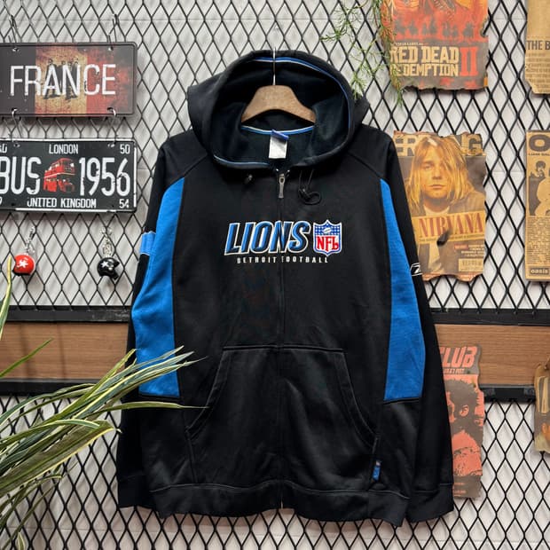 00s 리복 X NFL 후드 집업 라이언즈 자수 빅로고 블루 블랙